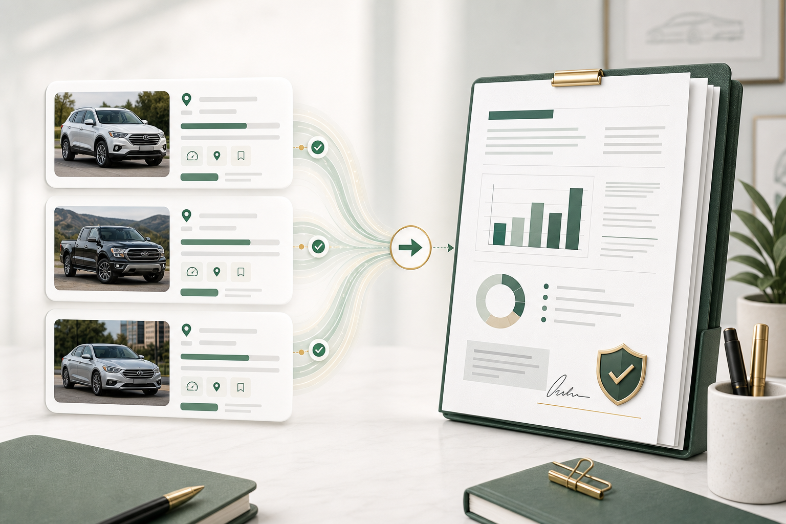 Comparable vehicle evidence cards flowing into a finished appraisal report packet.
