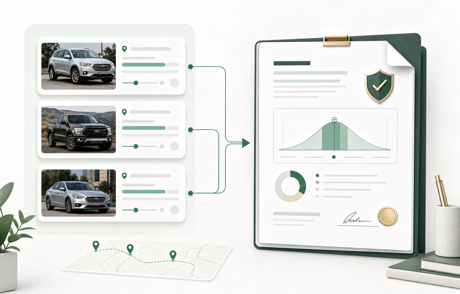 Six-stage appraisal workflow infographic from valuation document intake to reviewed report output.